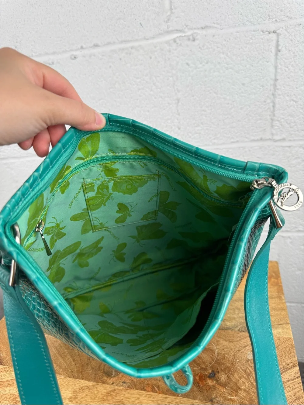 Longchamp Roseau Croc Embossed Leather Shoulder Bag Turquoise Teal France